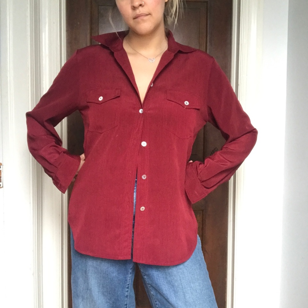 maroon button up blouse